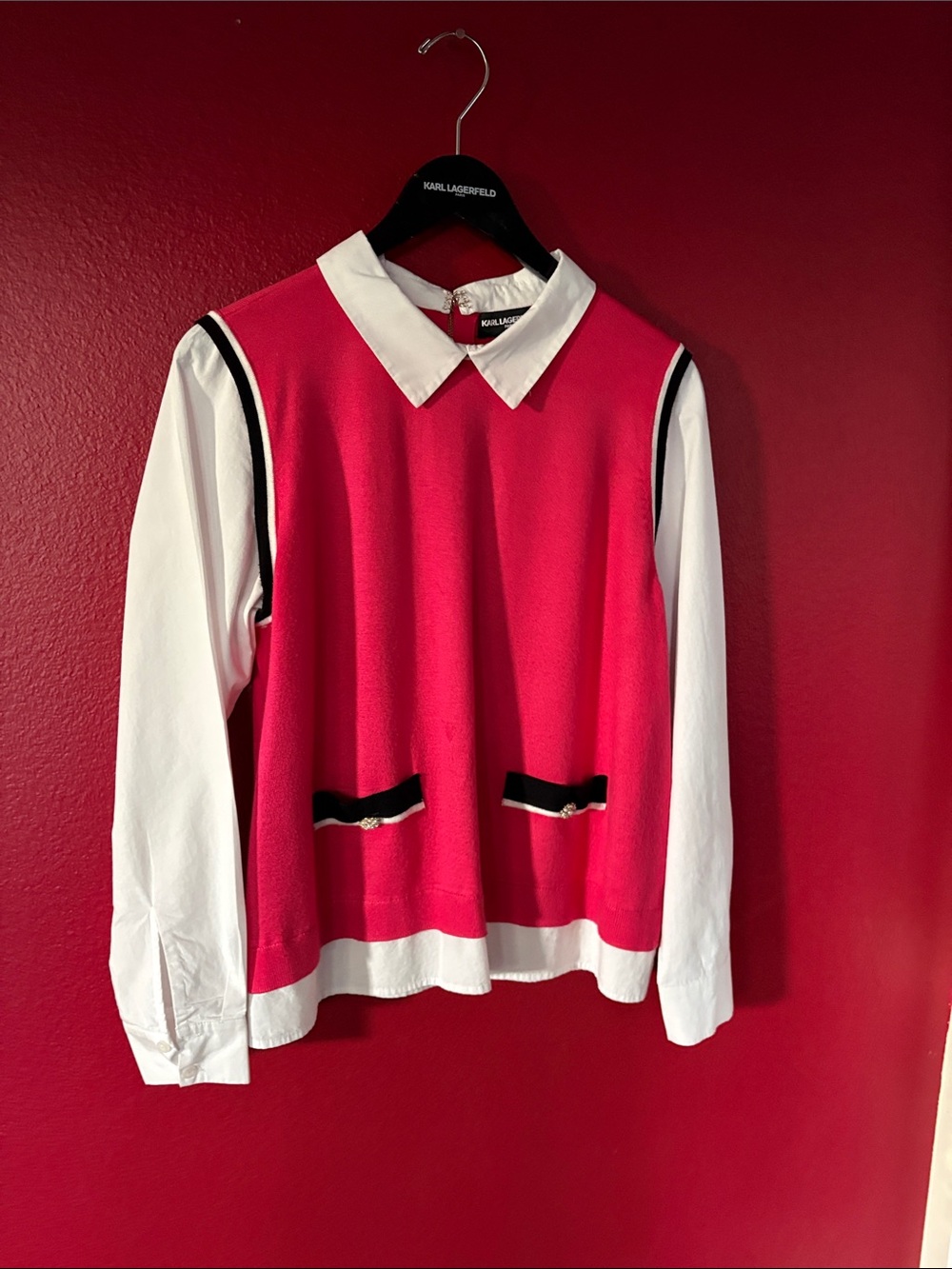 Karl Lagerfeld Pink and White Layered-Collar Long Sleeve Top